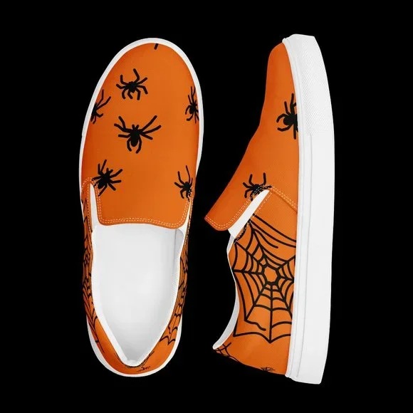 women's slip-on spider canvas shoes orange & black Halloween  fall spiderweb - Picture 6 of 14